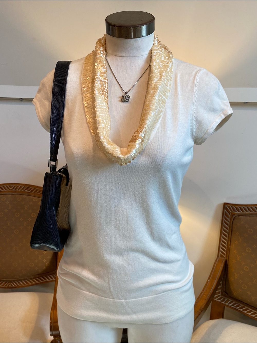 Vintage Cache Y2K Cream Sequin Draped Cowl Neck Sweater Knit Blouse S Going Out